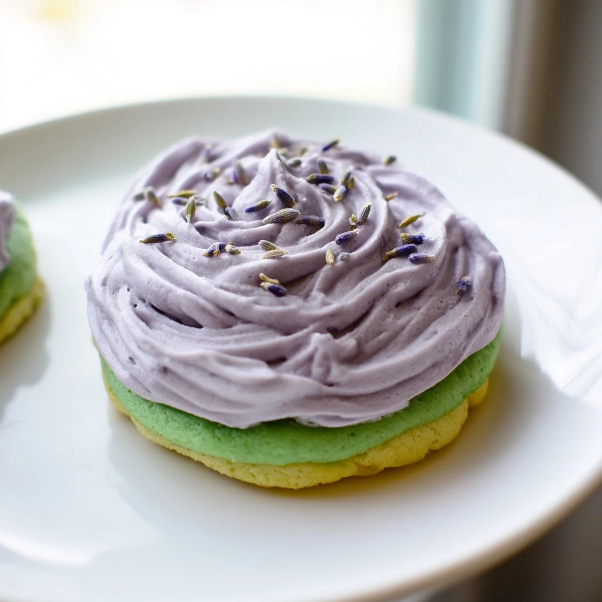 Soft green matcha sugar cookies with swirled purple lavender frosting on rustic white plate