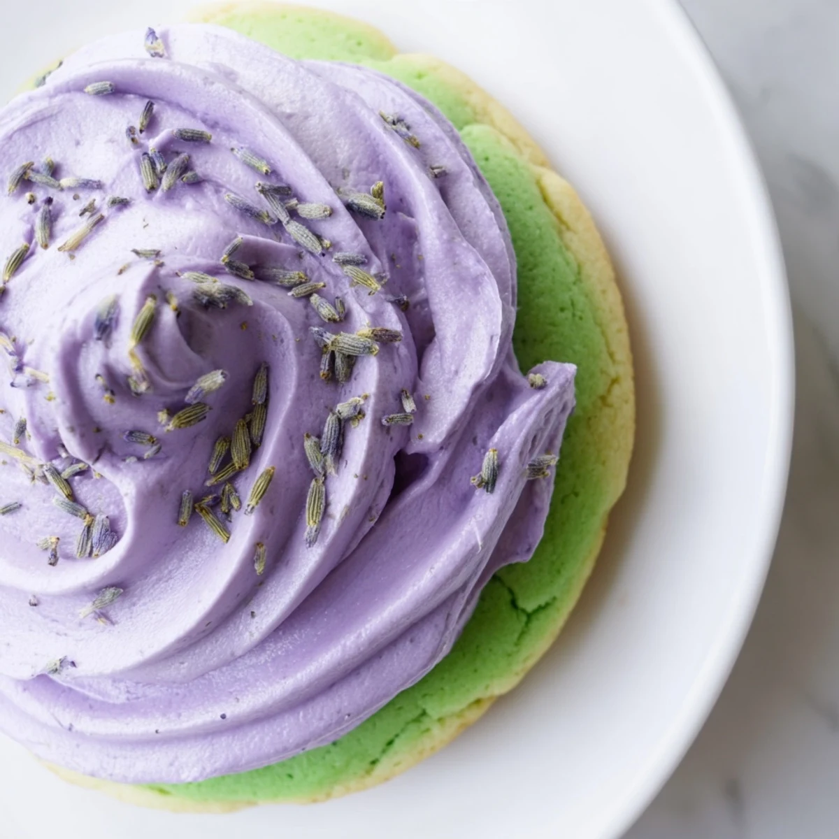 Delicate matcha sugar cookies topped with creamy lavender buttercream garnished with purple buds
