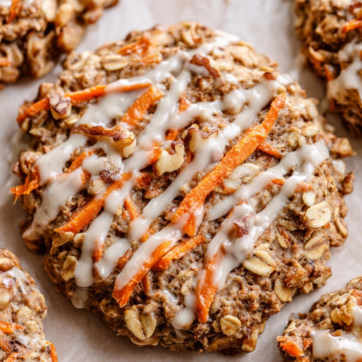 Golden Chewy Brown Butter Carrot Cake Cookies with visible carrots and walnuts on rustic parchment paper
