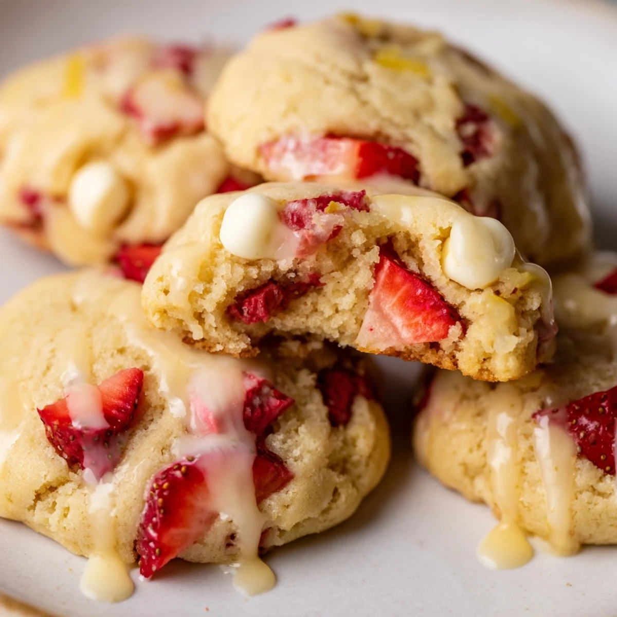 Chewy strawberry lemonade cookies with pink strawberry bits drizzled in sweet citrus glaze