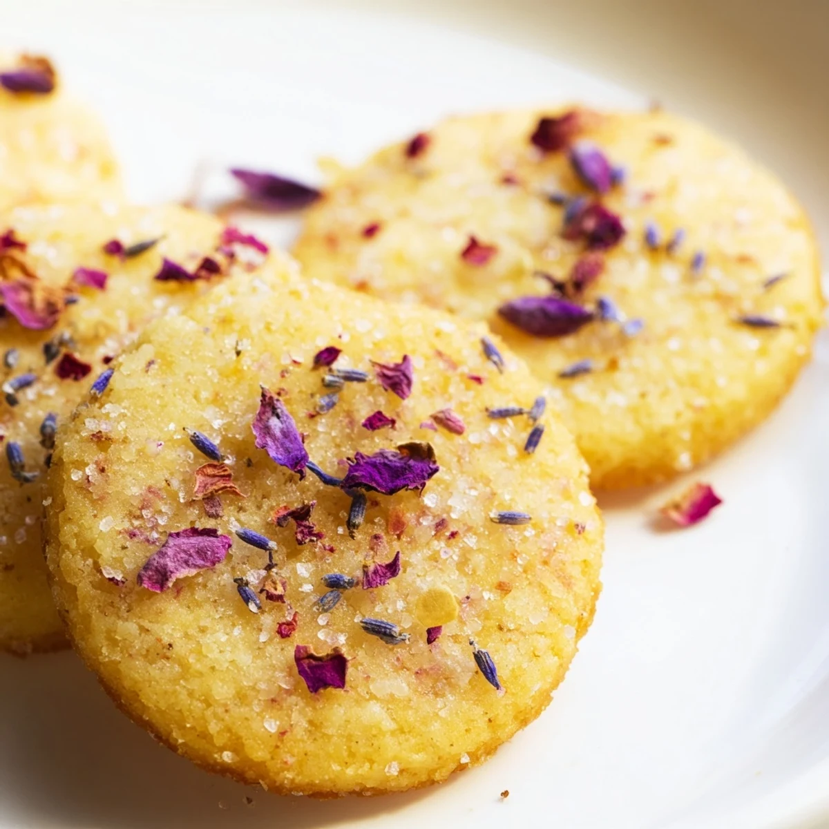 Golden Spring Blossom Cookies topped with colorful edible flowers on a rustic ceramic plate