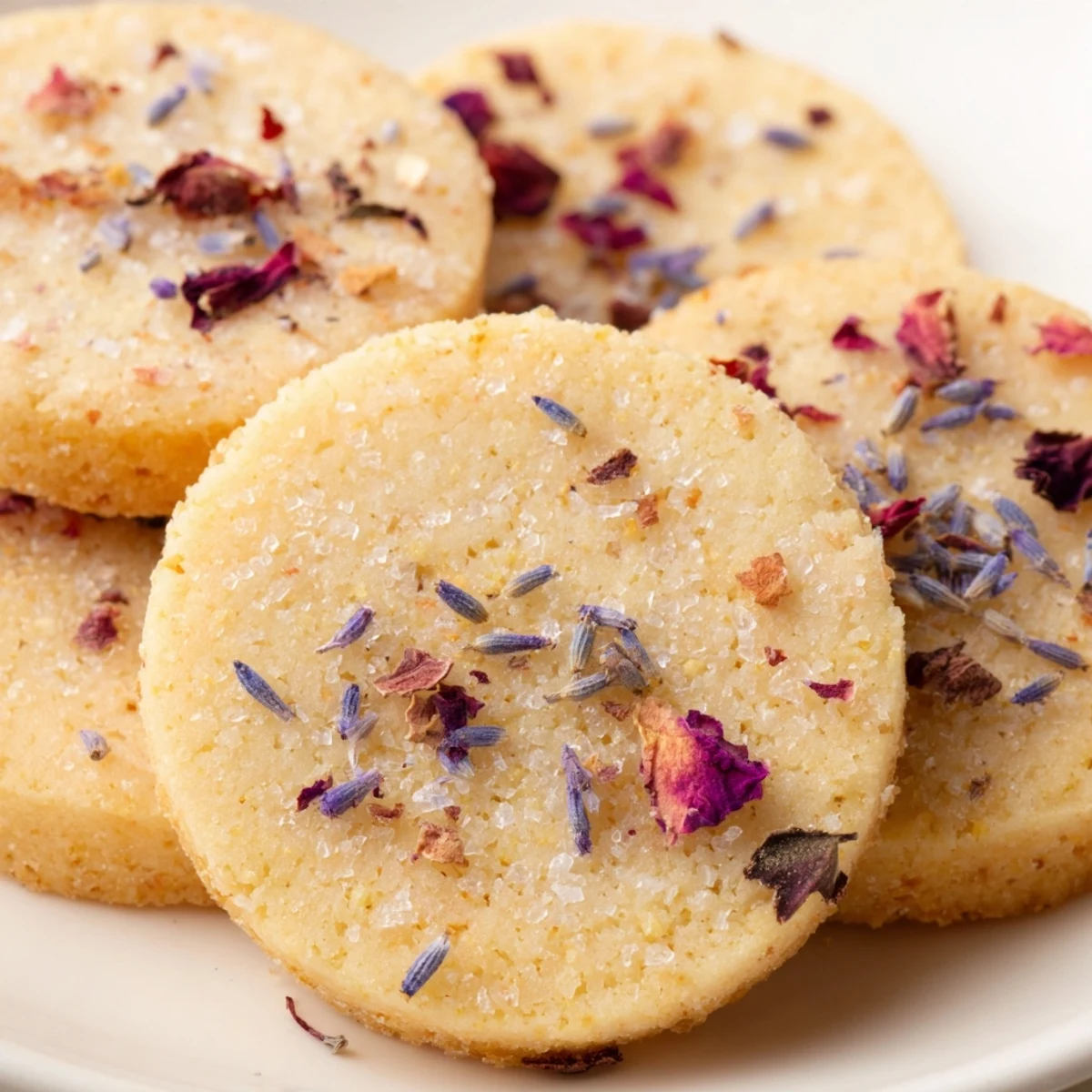 Buttery Spring Blossom Cookies with delicate floral petals arranged on parchment lined baking sheet