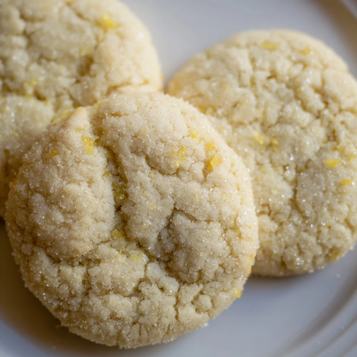 Chewy lemon sugar cookies topped with sparkling sugar on a rustic baking sheet