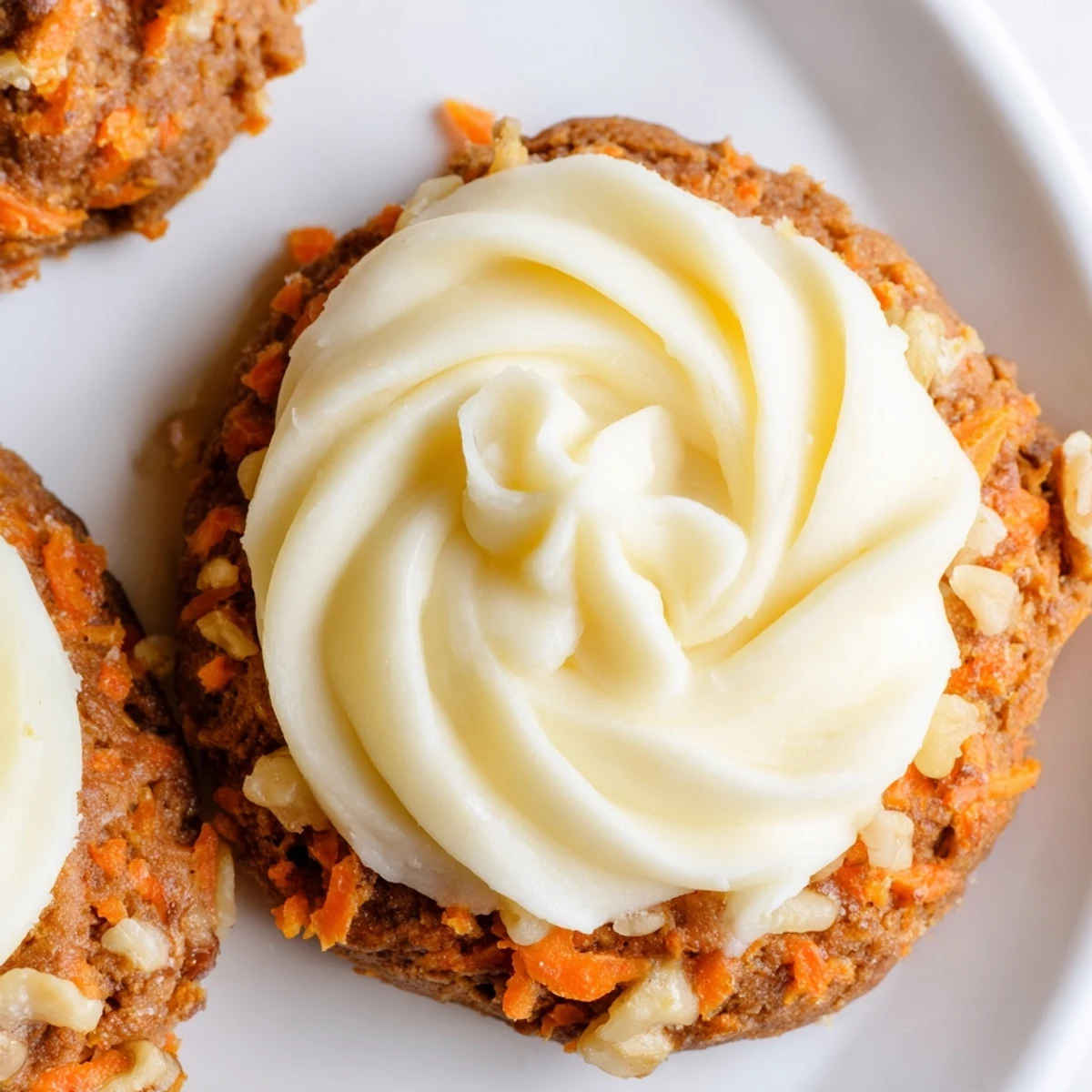 Thick Crumbl carrot cake cookies with swirled cream cheese frosting on a white plate
