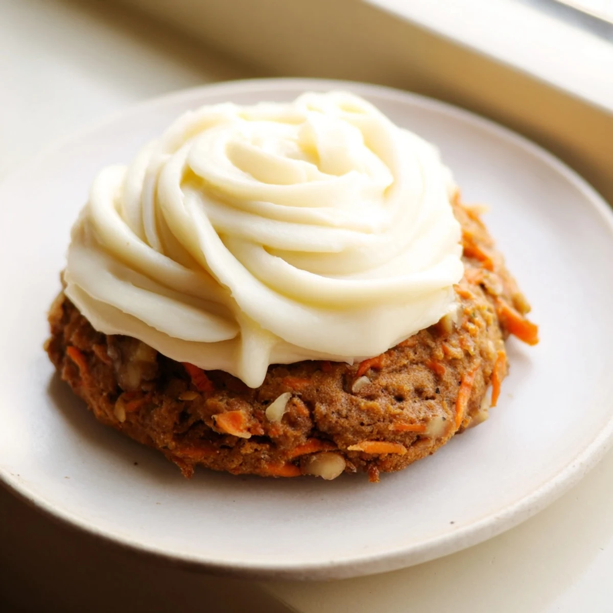 Soft baked carrot cake cookies topped with fluffy cream cheese frosting and chopped walnuts