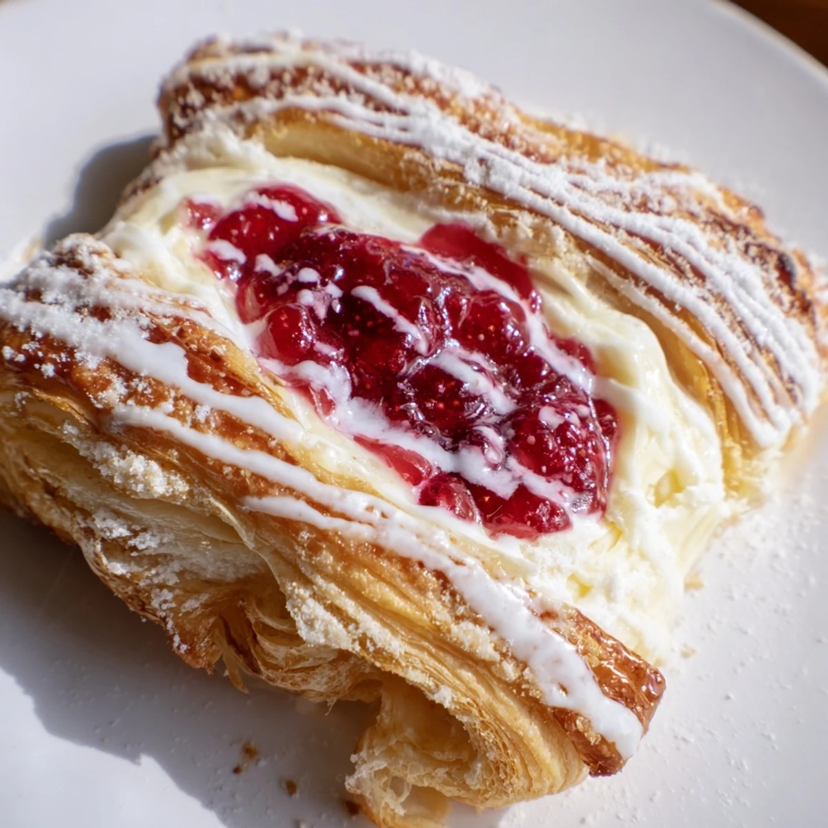 Golden flaky Sourdough Discard Raspberry Cream Cheese Danishes drizzled with sweet vanilla glaze on rustic parchment paper