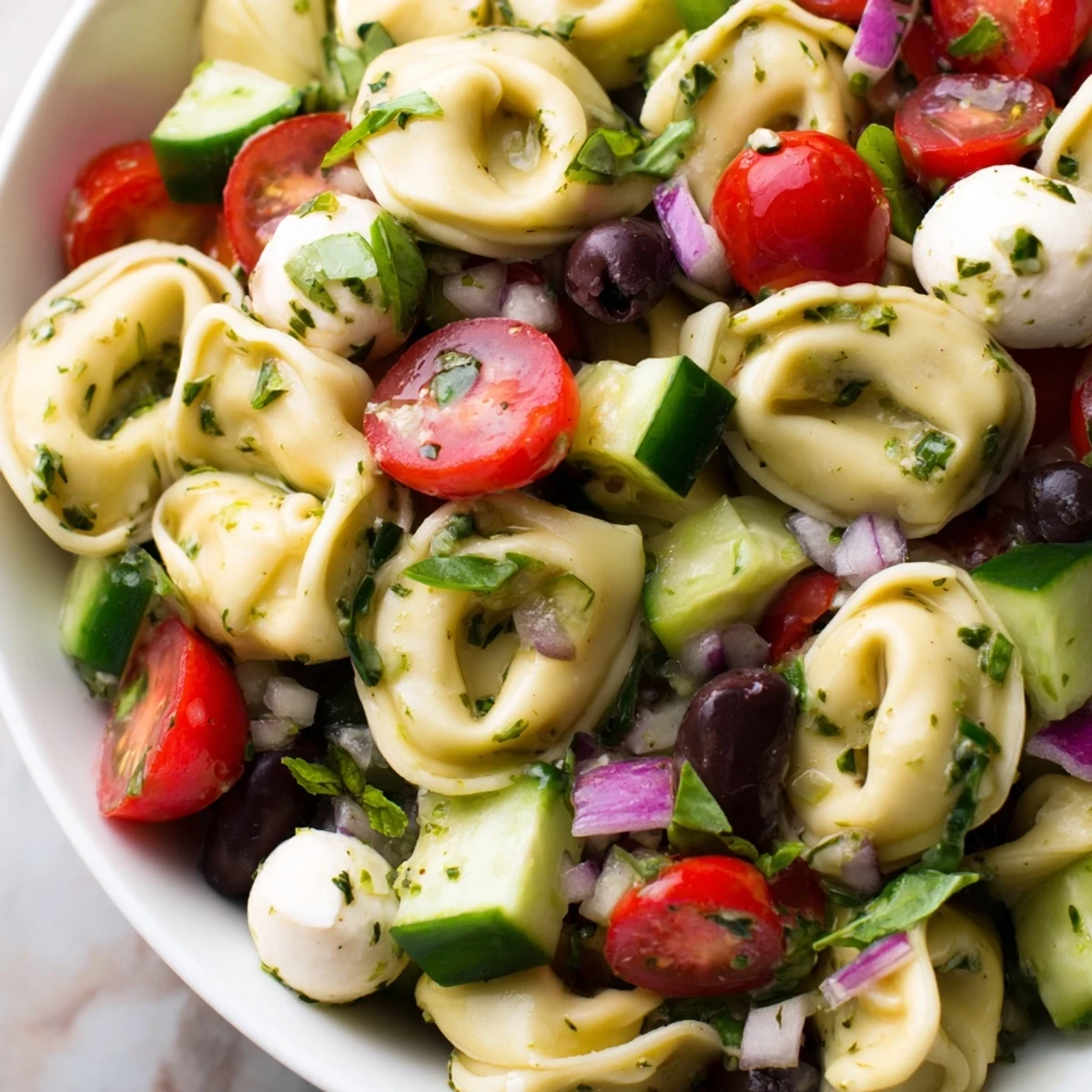 Colorful tortellini pasta salad in a serving bowl with cherry tomatoes, cucumber, and fresh basil
