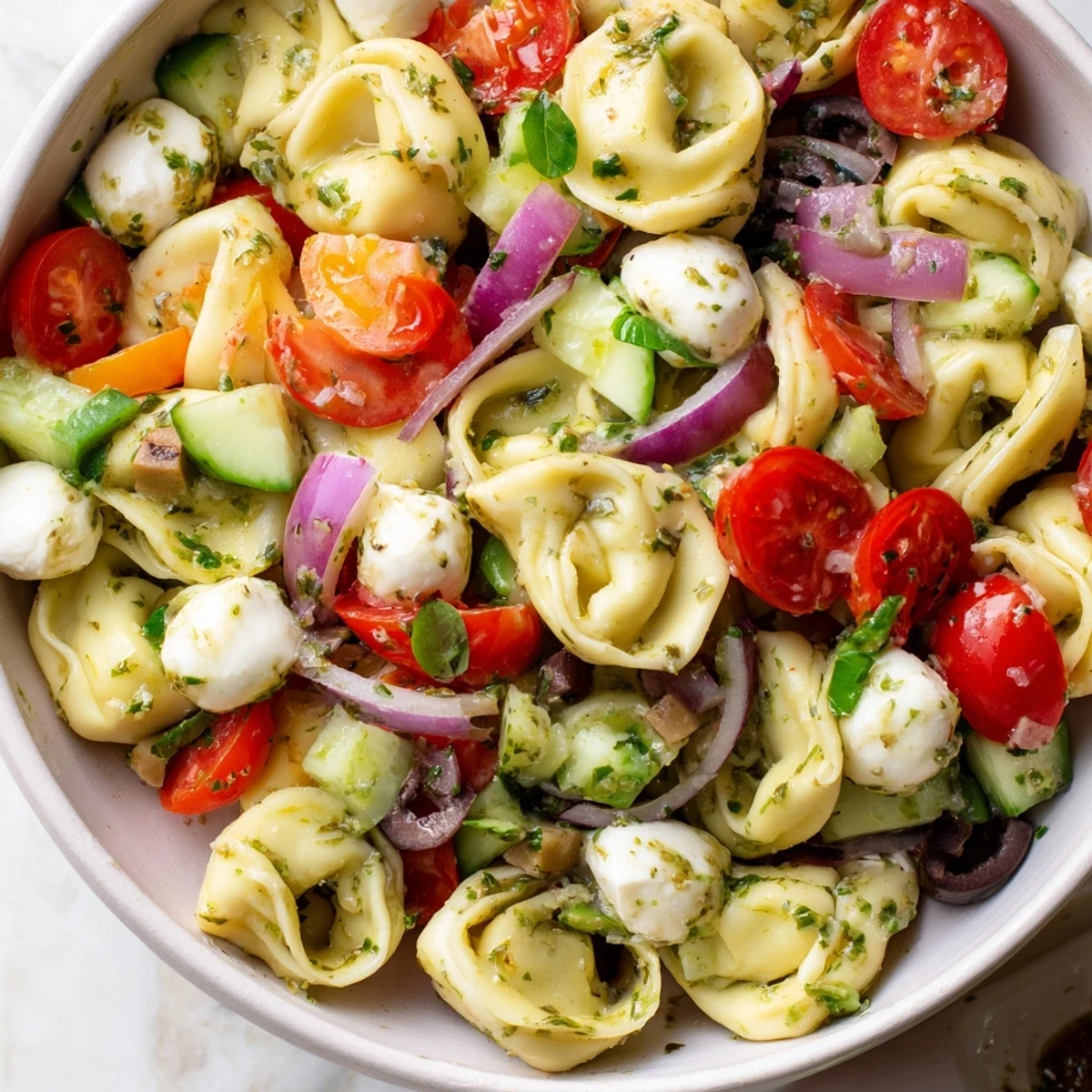Cheese tortellini pasta salad tossed with crisp vegetables and zesty Italian dressing on a white platter