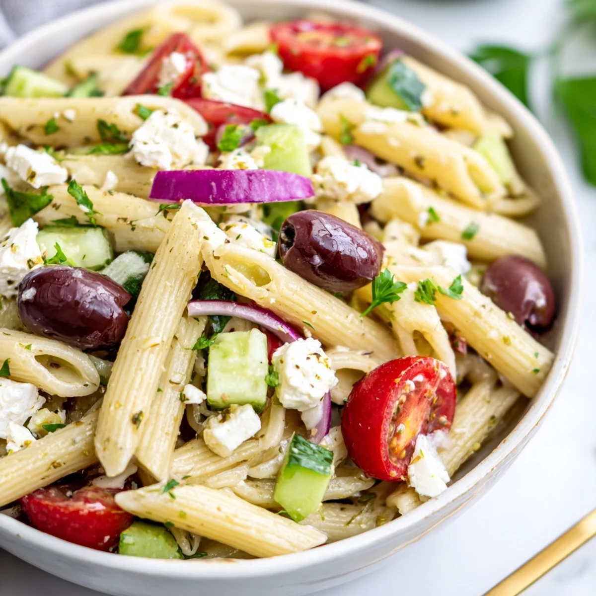 Colorful Greek pasta salad loaded with crisp cucumbers, ripe tomatoes, and tangy feta cheese