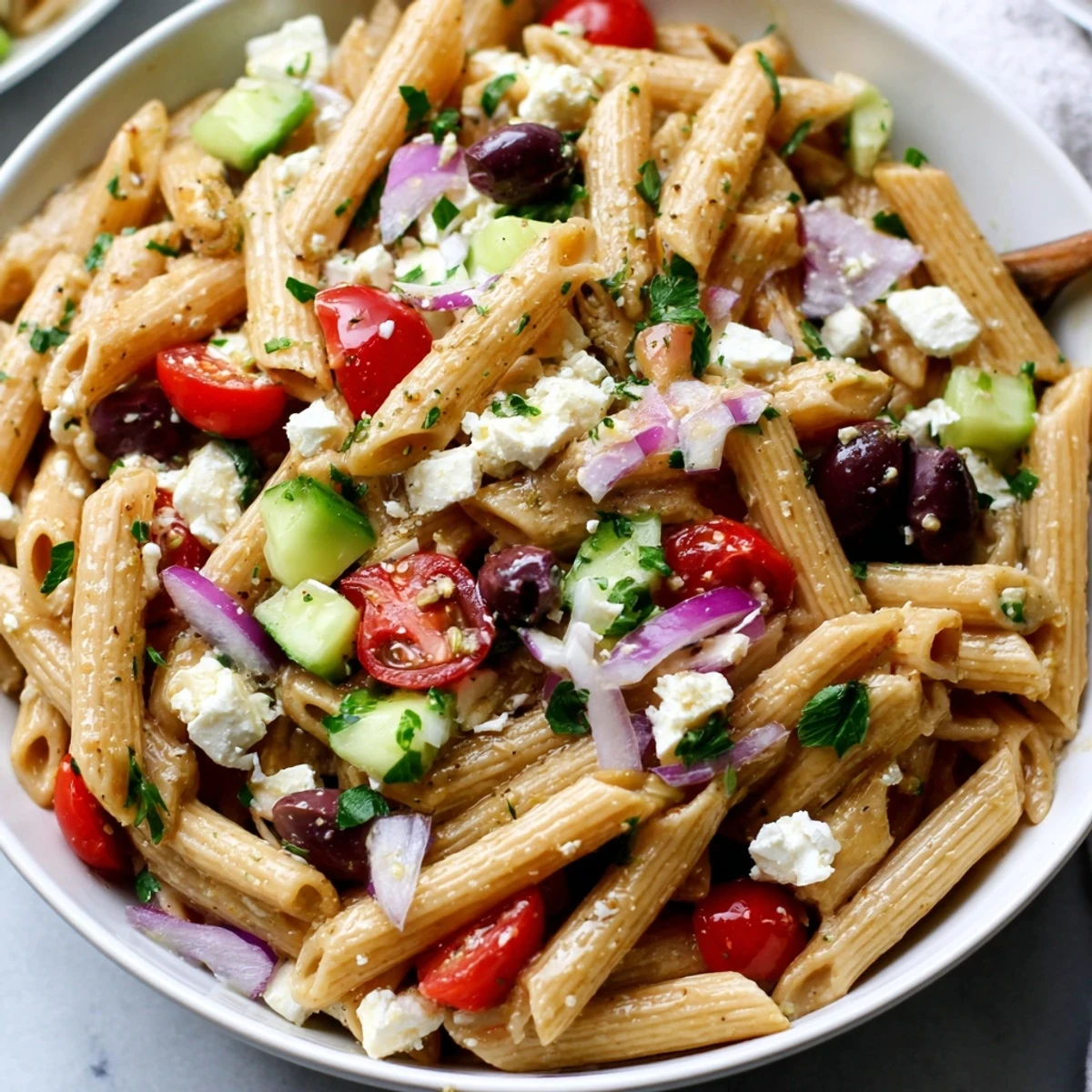 Greek pasta salad in a white bowl topped with kalamata olives and fresh herbs