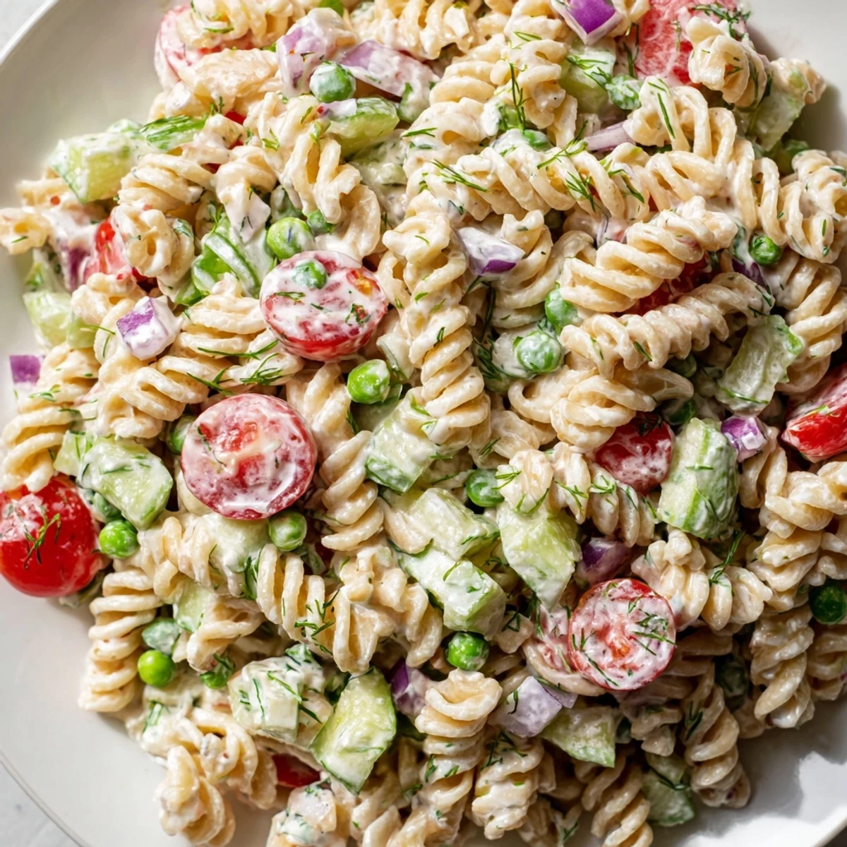 Creamy ranch pasta salad in a white bowl speckled with red tomatoes and green peas