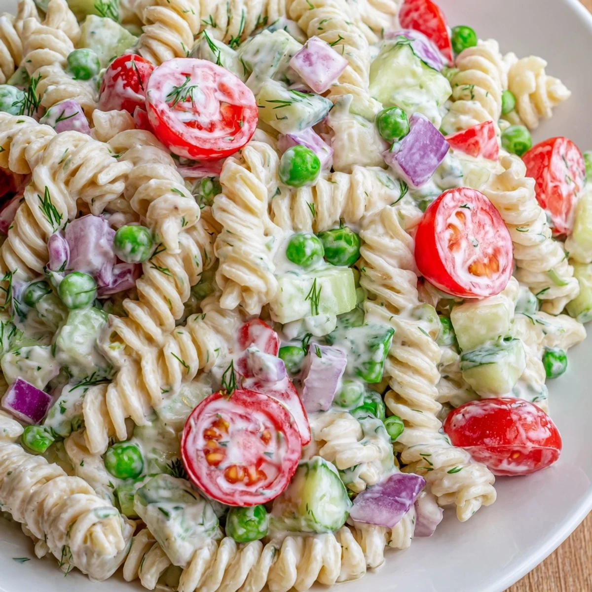 Chilled creamy ranch pasta salad topped with crunchy cucumbers and fresh chopped dill