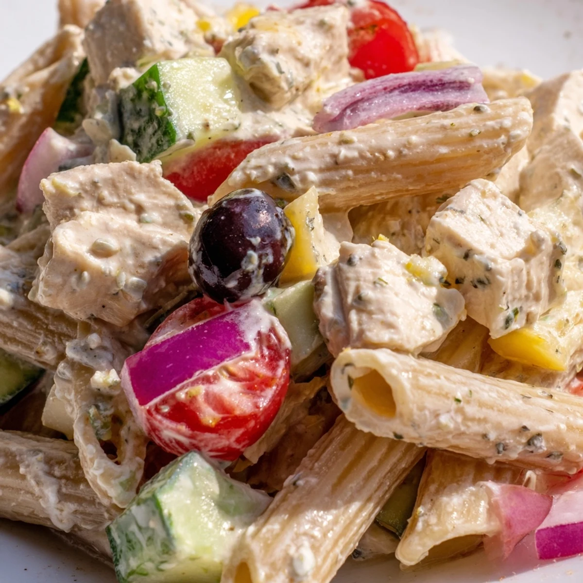 High Protein Greek Pasta Salad in a white bowl with cucumber tomatoes and feta