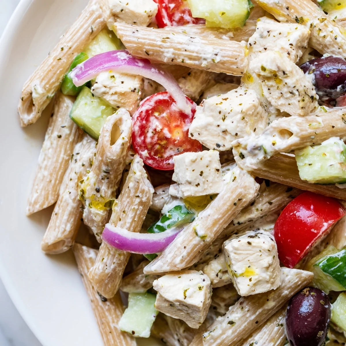 Colorful High Protein Greek Pasta Salad featuring olives cherry tomatoes and creamy dressing