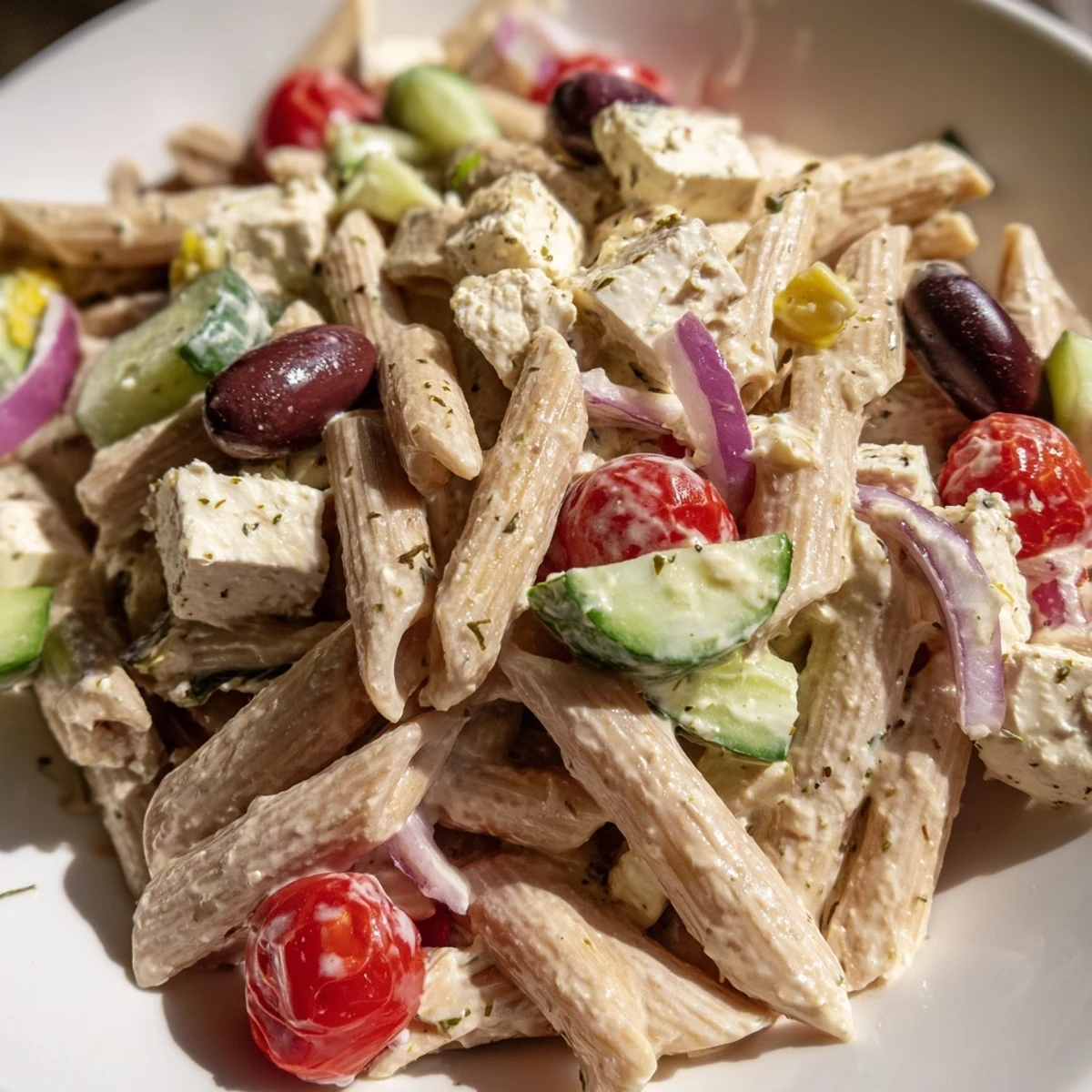 High Protein Greek Pasta Salad with tender chicken crisp vegetables and tangy feta