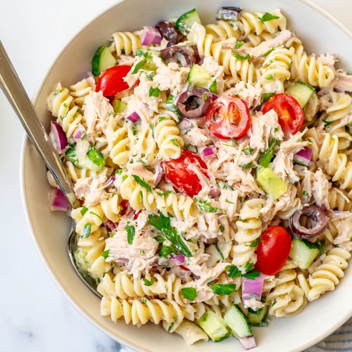 Chilled tuna pasta salad topped with ripe cherry tomatoes and crisp celery