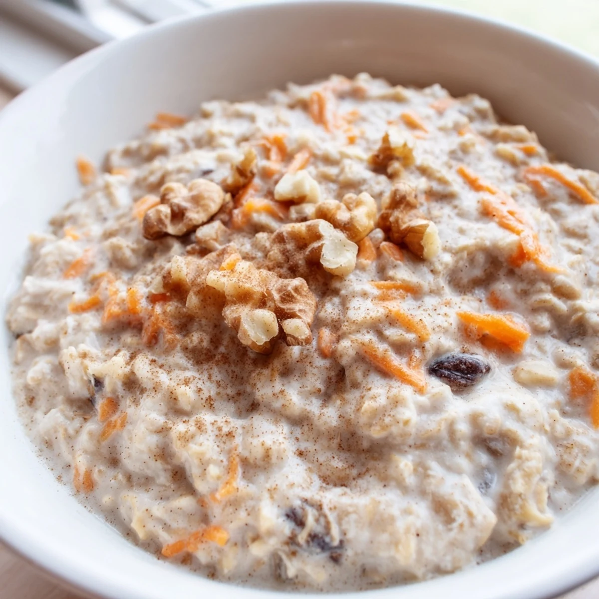Creamy carrot cake overnight oats in a mason jar topped with chopped walnuts and cinnamon sprinkle