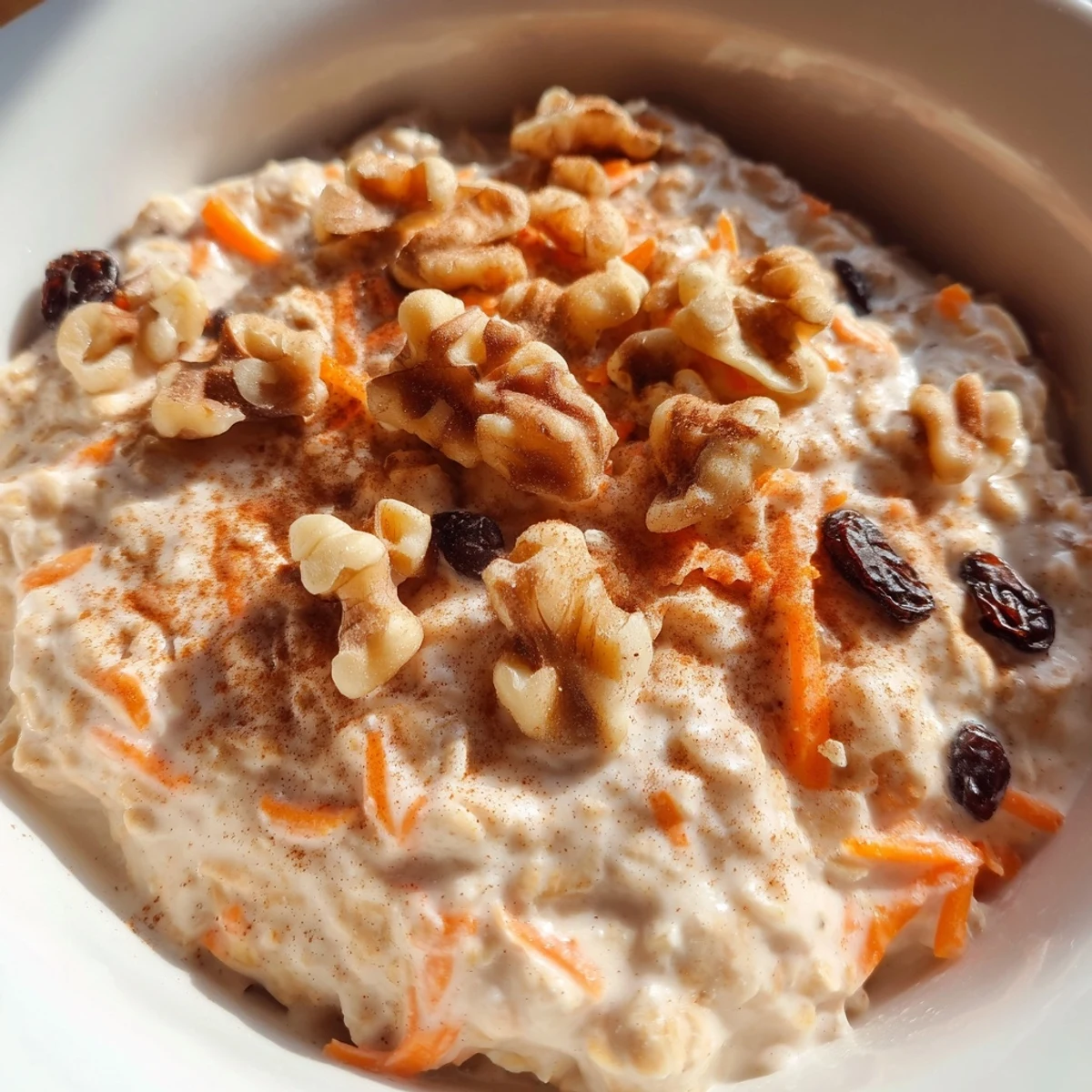 Carrot cake overnight oats with visible grated carrots, raisins, and crunchy pecan garnish served chilled