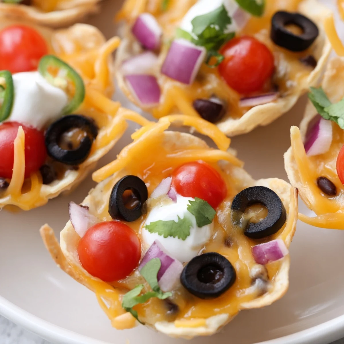 Golden cheesy nacho cups bubbling with melted cheddar and colorful fresh toppings in mini muffin tin