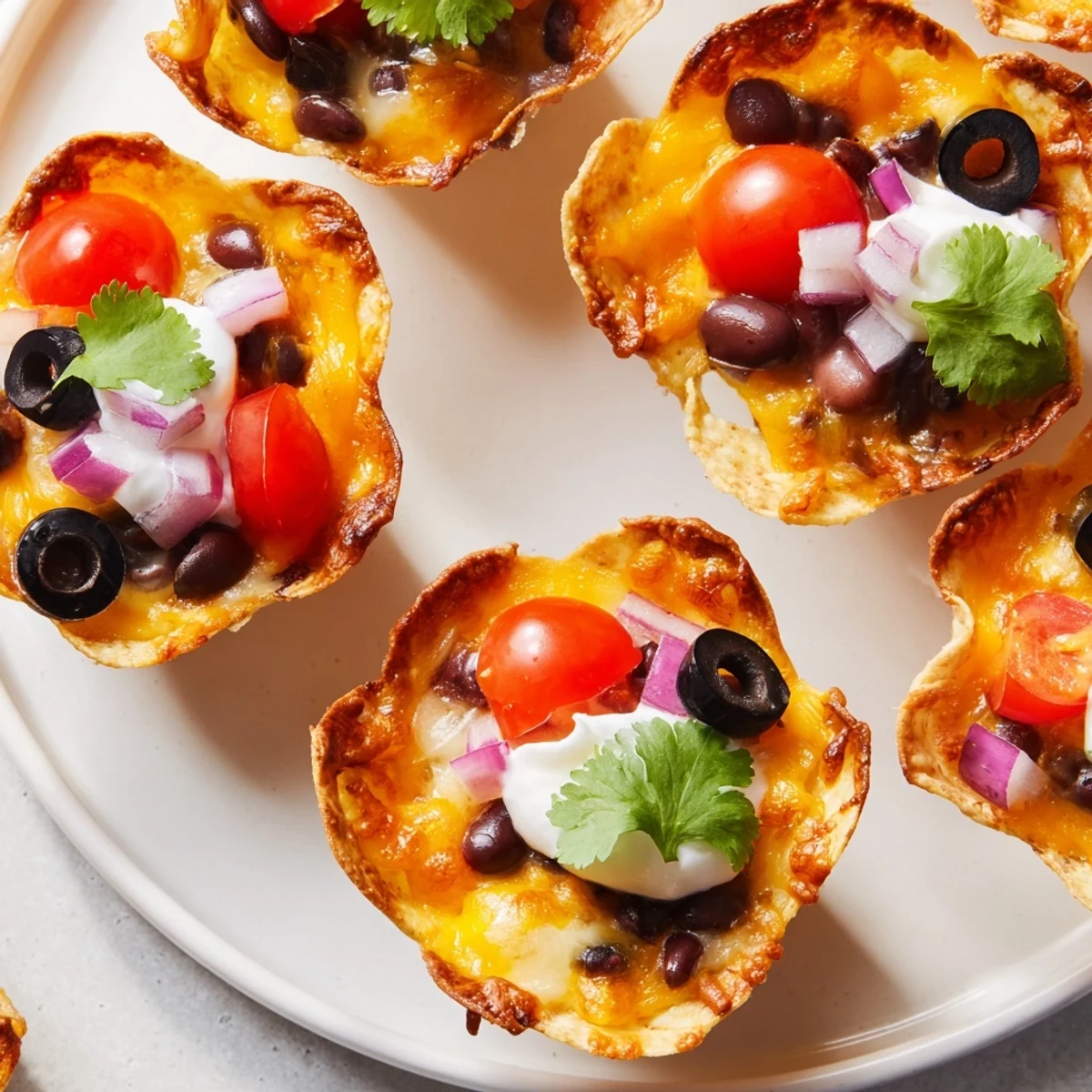 Crispy tortilla cups overflowing with gooey melted cheese black beans and zesty jalapeño garnish