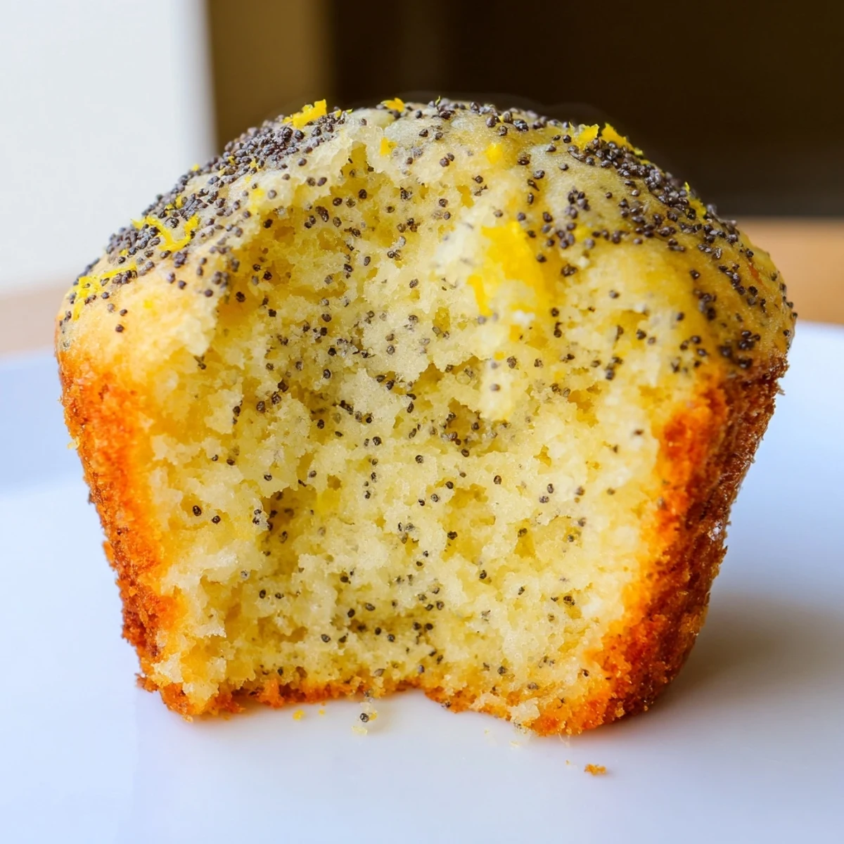Golden lemon poppy seed muffins with domed tops fresh from the oven on a wire cooling rack