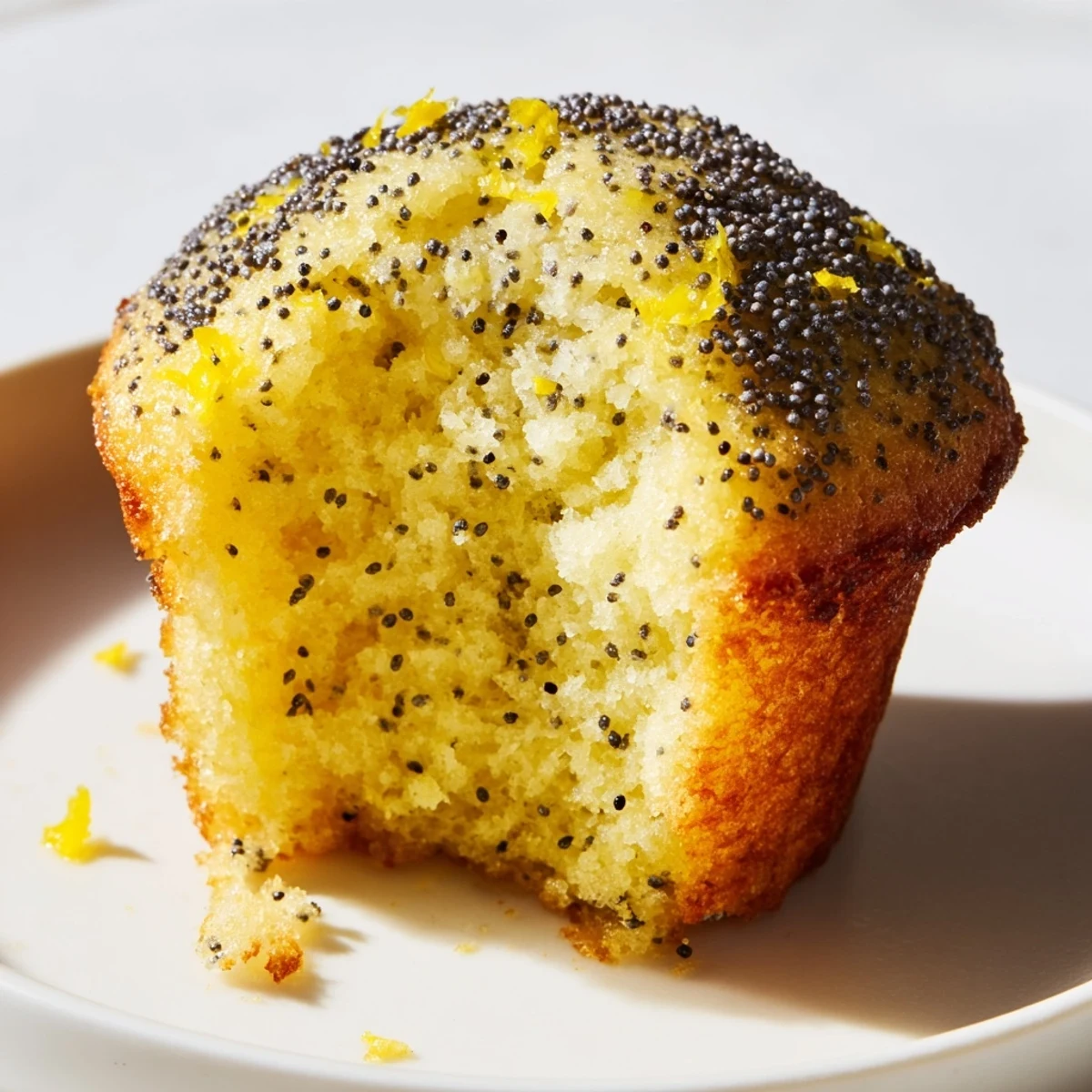 Moist lemon poppy seed muffins flecked with zest nestled in white paper liners ready to serve