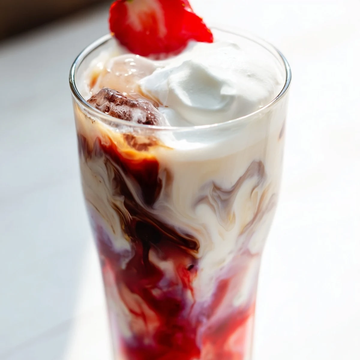 Creamy strawberry cold latte in a tall glass with swirled pink layers and ice