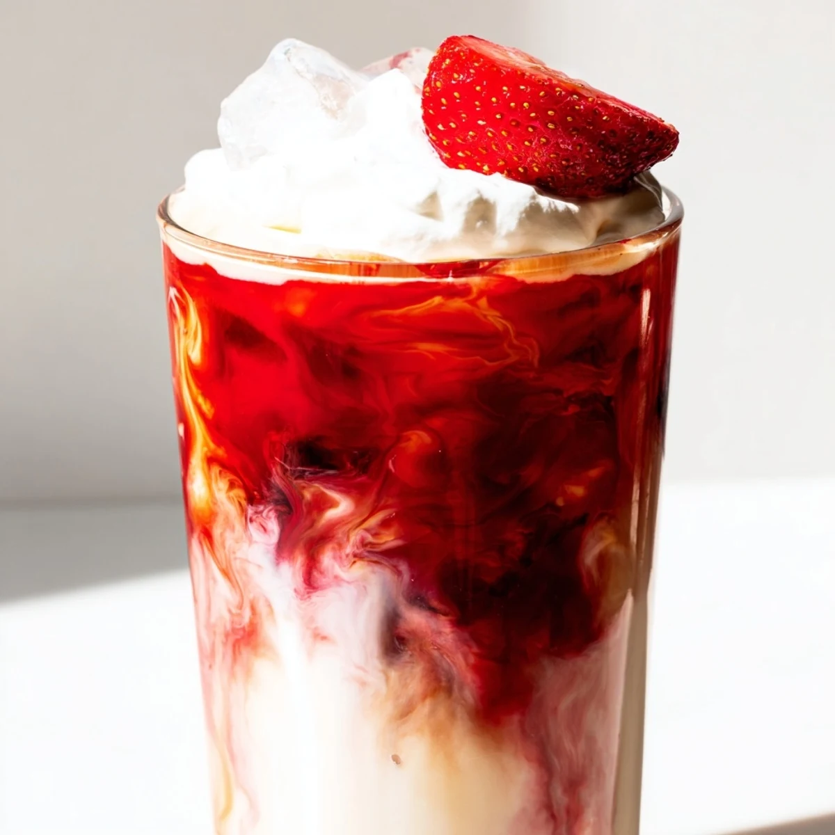 Refreshing strawberry cream cold latte topped with fluffy whipped cream and fresh berry garnish