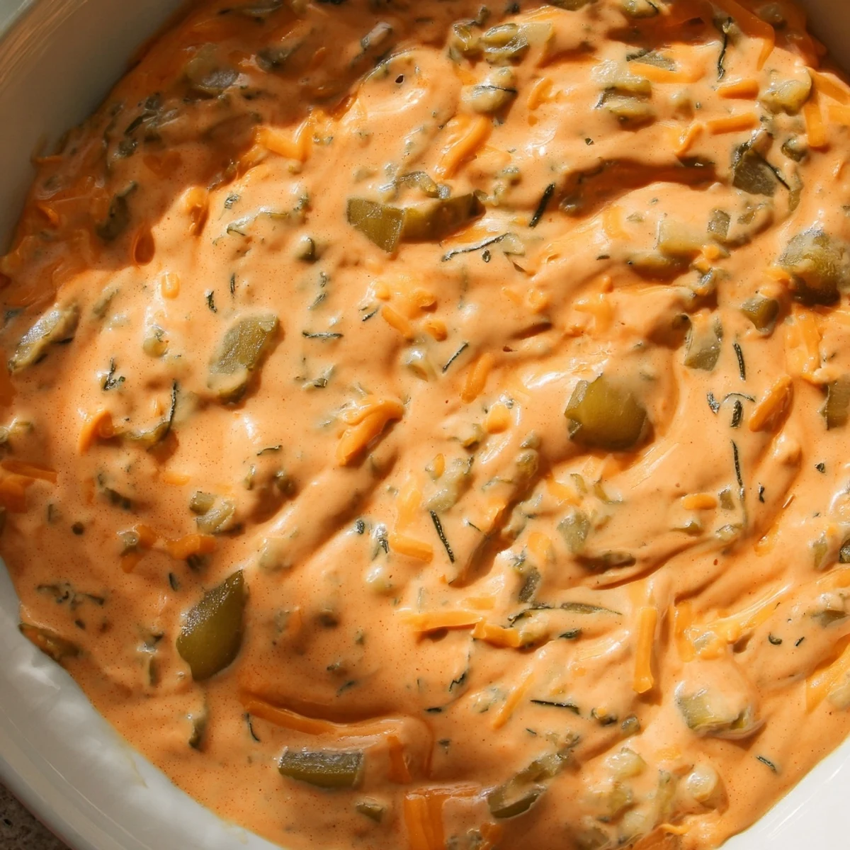 Creamy buffalo pickle dip in a serving bowl with chips and veggie sticks nearby