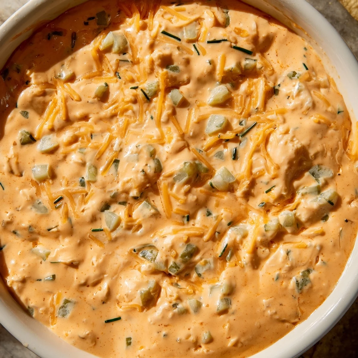 Tangy buffalo pickle dip topped with cheddar cheese and fresh chopped chives