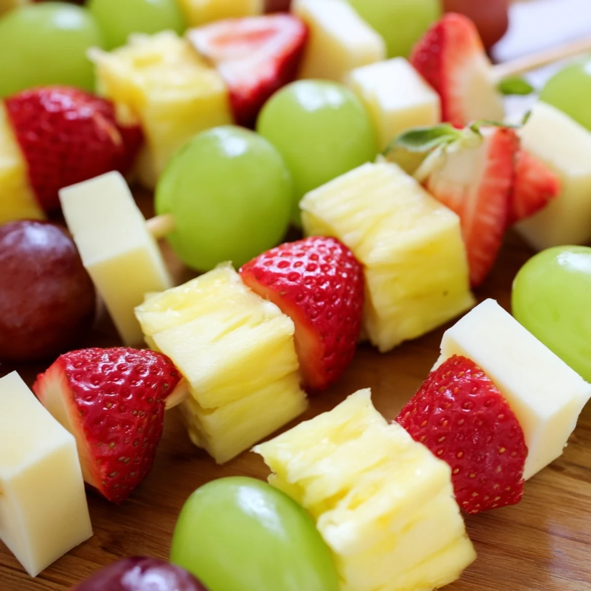 Colorful fruit and cheese kabobs arranged on a rustic wooden serving platter for parties