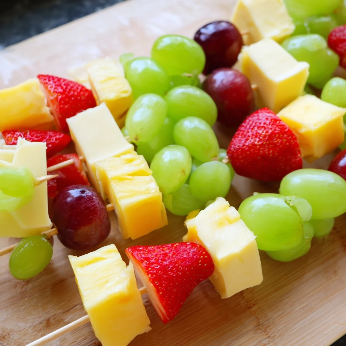Fresh fruit and cheese kabobs with grapes strawberries pineapple and cheddar cubes