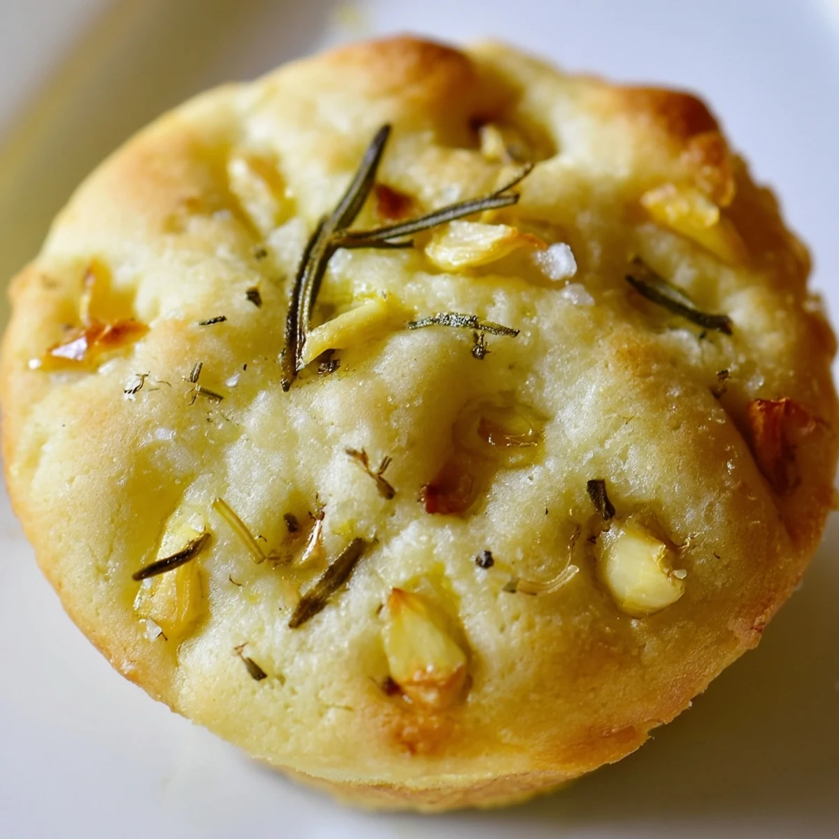 Golden garlic rosemary focaccia muffins with dimpled tops drizzled in olive oil