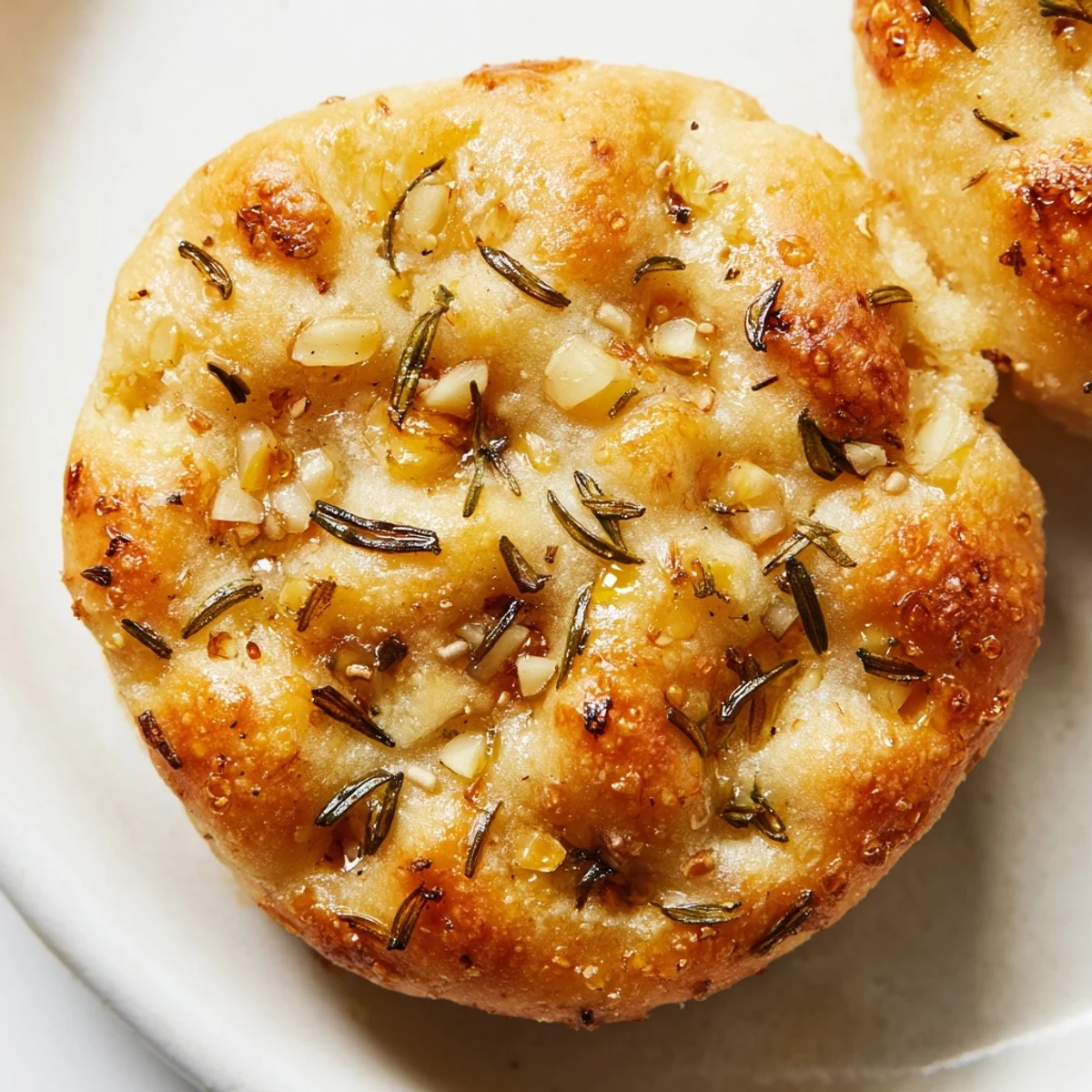 Fresh baked garlic rosemary focaccia muffins speckled with herbs on rustic surface