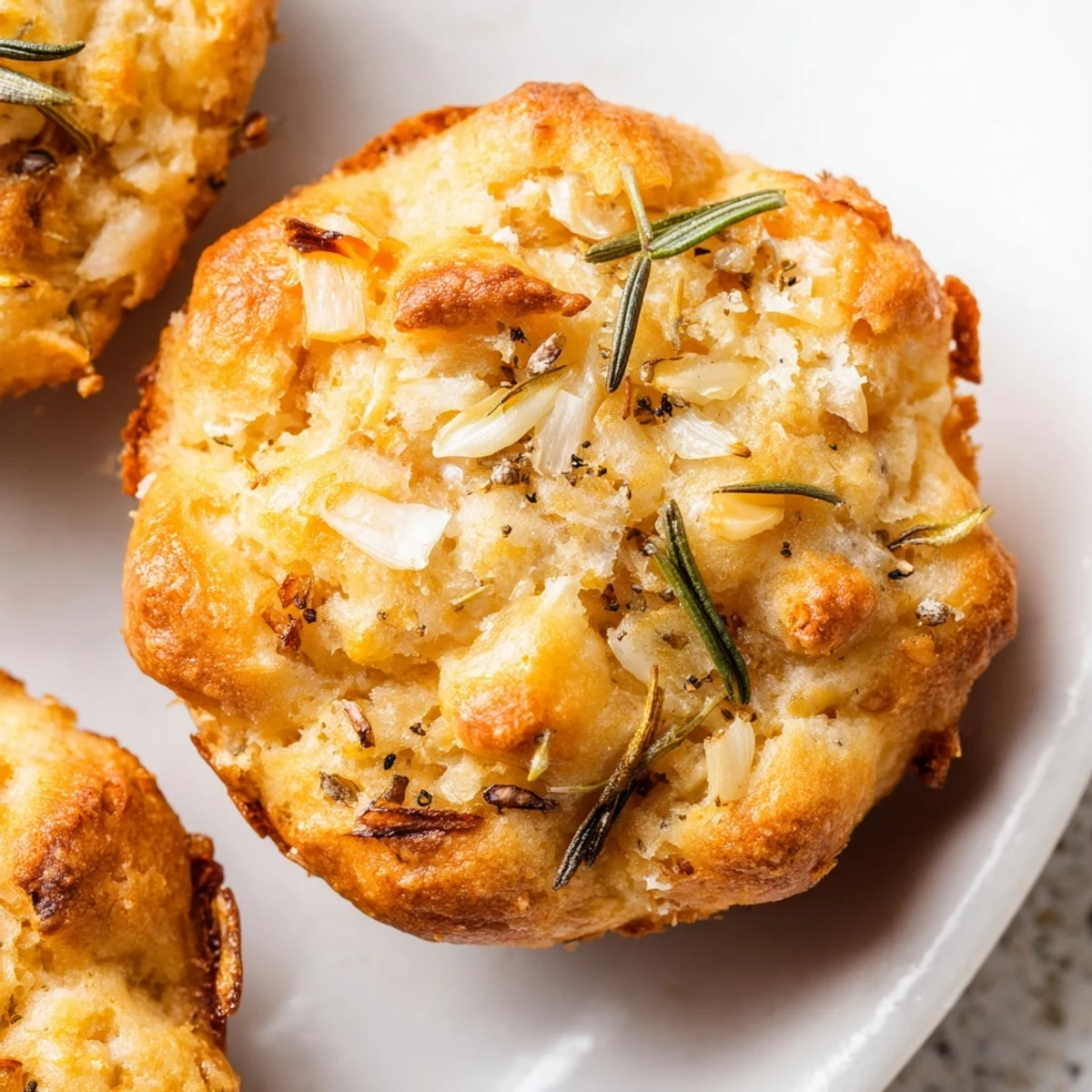 Warm garlic rosemary focaccia muffins topped with sea salt ready for serving