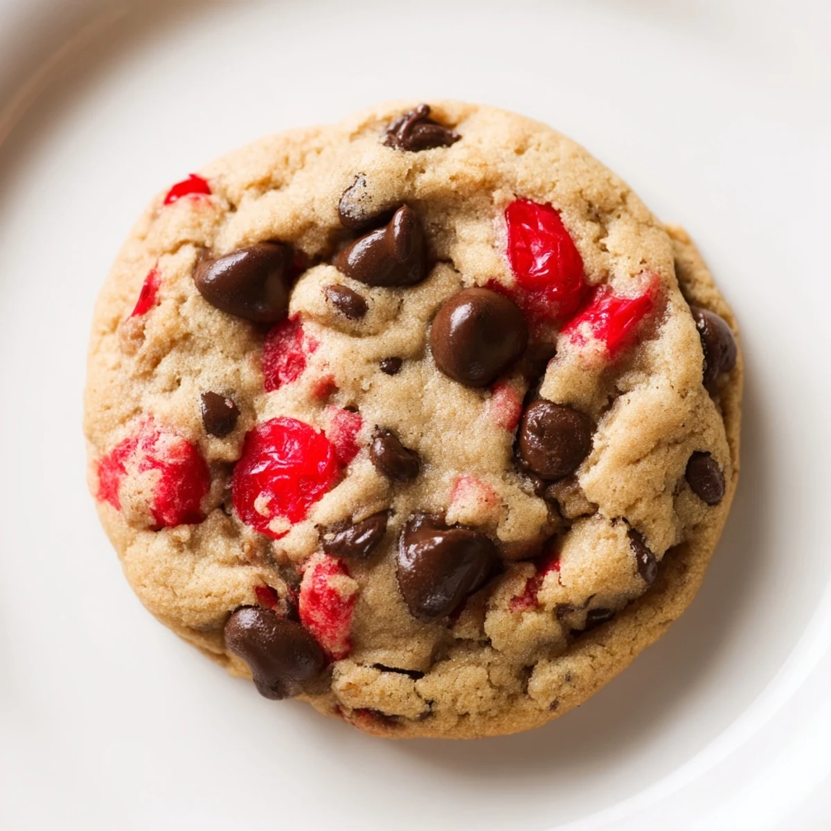 Soft Maraschino Cherry Chocolate Chip Cookie with melted chocolate and bright red cherry pieces on rustic baking sheet