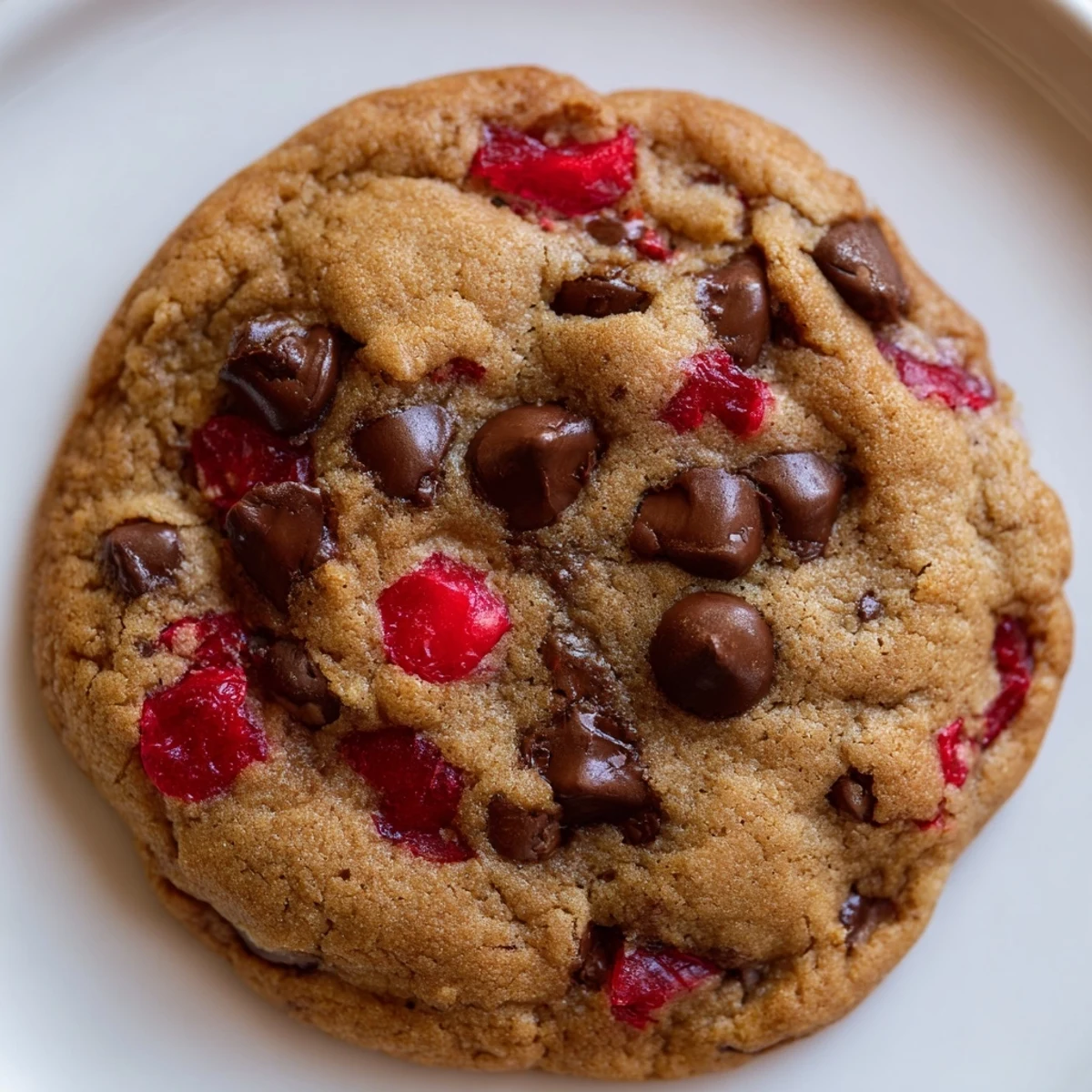 Golden Maraschino Cherry Chocolate Chip Cookie with gooey chocolate chips and vibrant cherries stacked on cooling rack