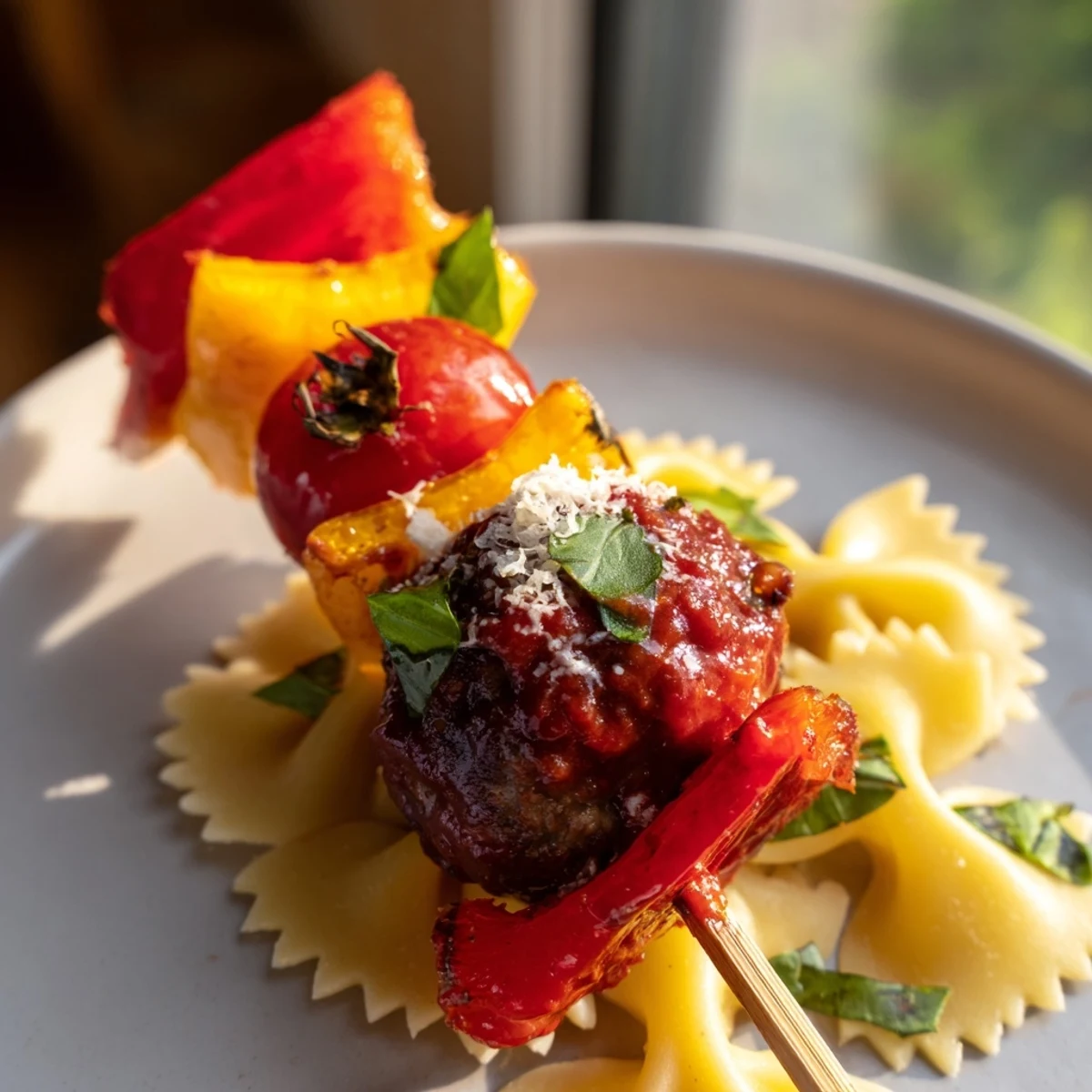 Colorful bowtie pasta and cocktail meatball skewers arranged on a white platter with fresh basil garnish