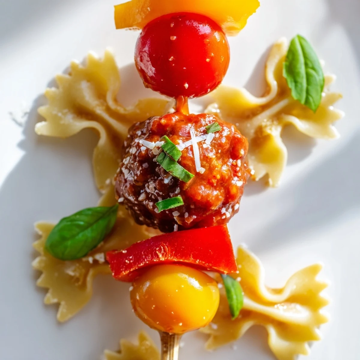 Juicy cocktail meatballs alternated with bowtie pasta and crisp bell peppers on wooden skewers