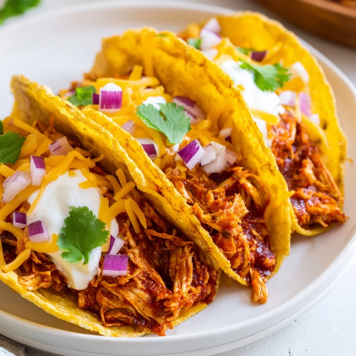 Slow Cooker Shredded Chicken Tacos piled high with fresh lettuce, cheese, and creamy avocado slices