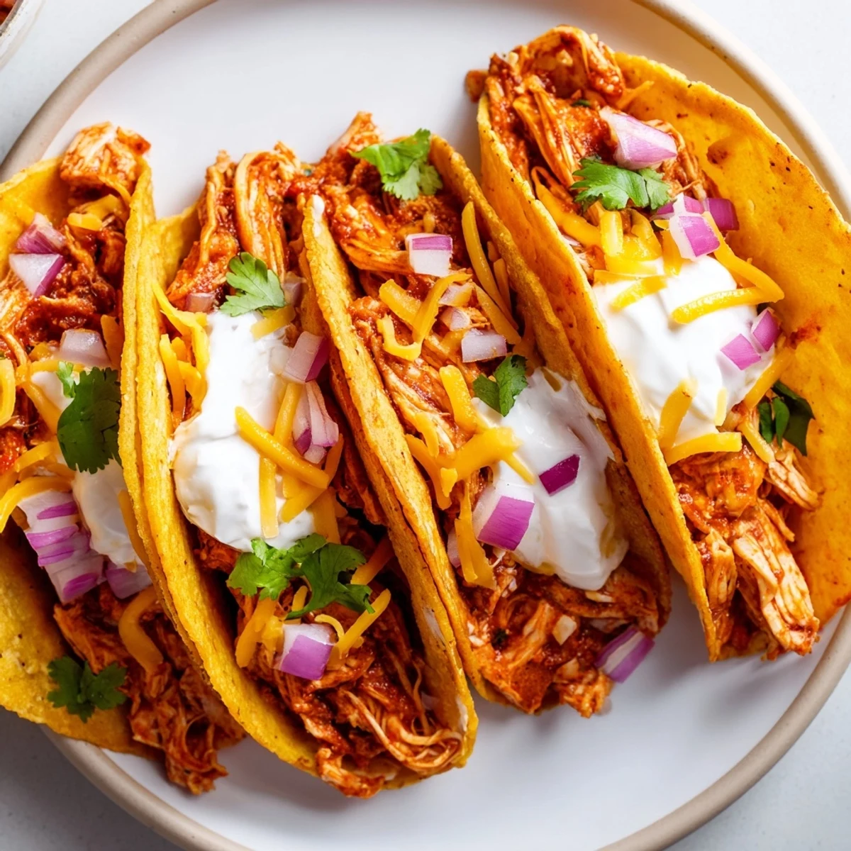 Tender Slow Cooker Shredded Chicken Tacos served in crispy corn shells with zesty lime wedges