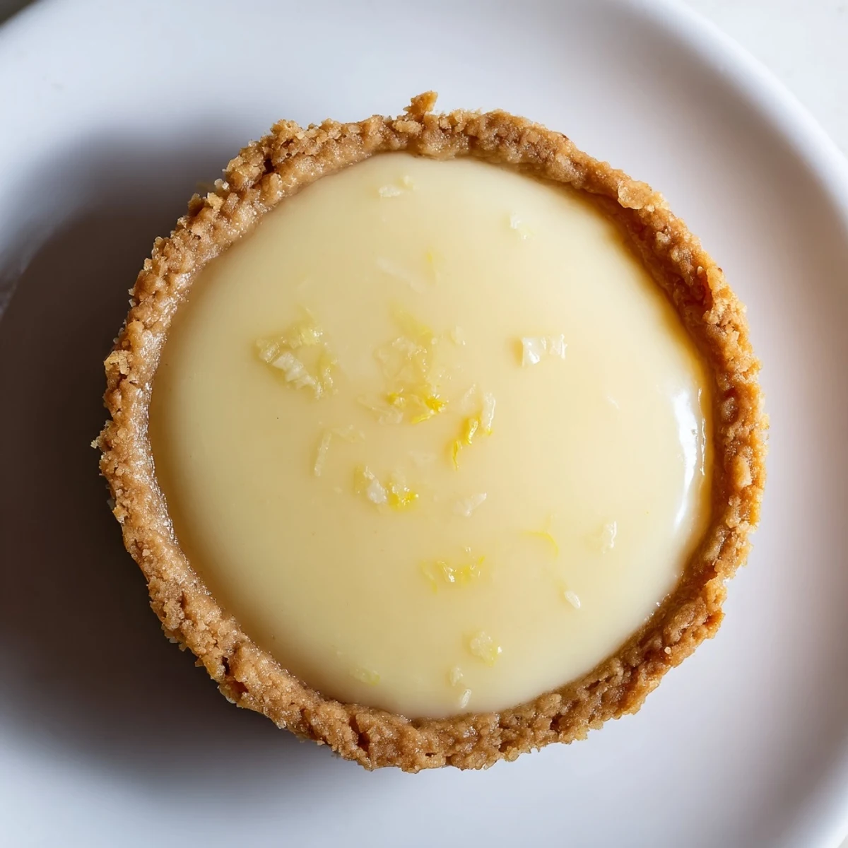 Golden mini vegan lemon tarts topped with fresh berries on a white serving plate