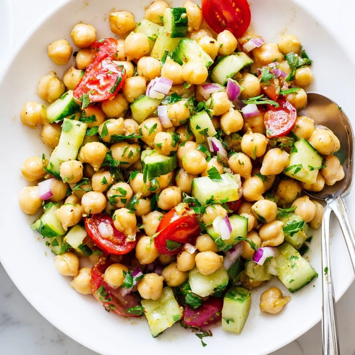 Creamy chickpeas and crisp cucumber tossed in a bright, zesty lemon herb vinaigrette
