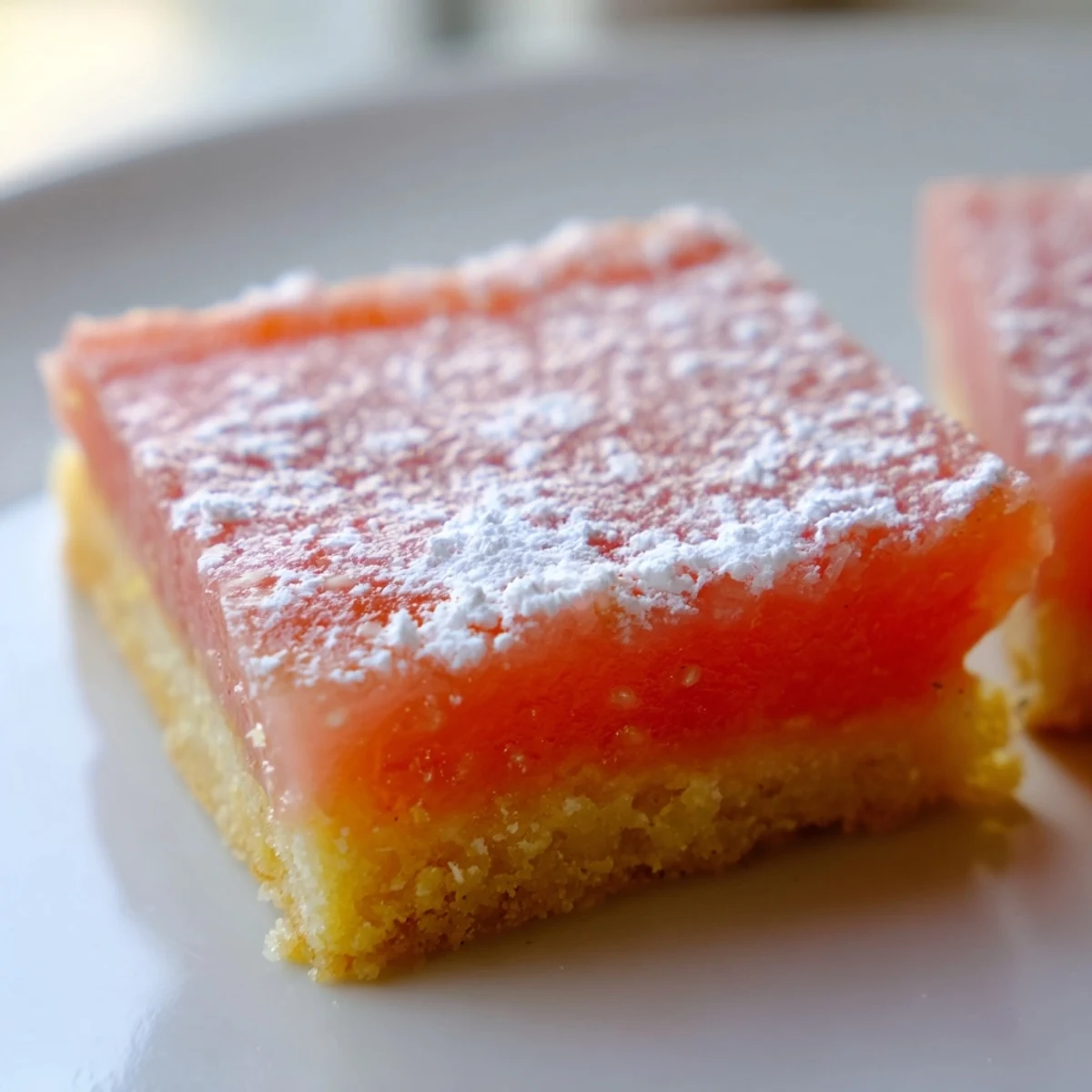 Golden grapefruit bars with tangy custard filling dusted with powdered sugar on a rustic plate