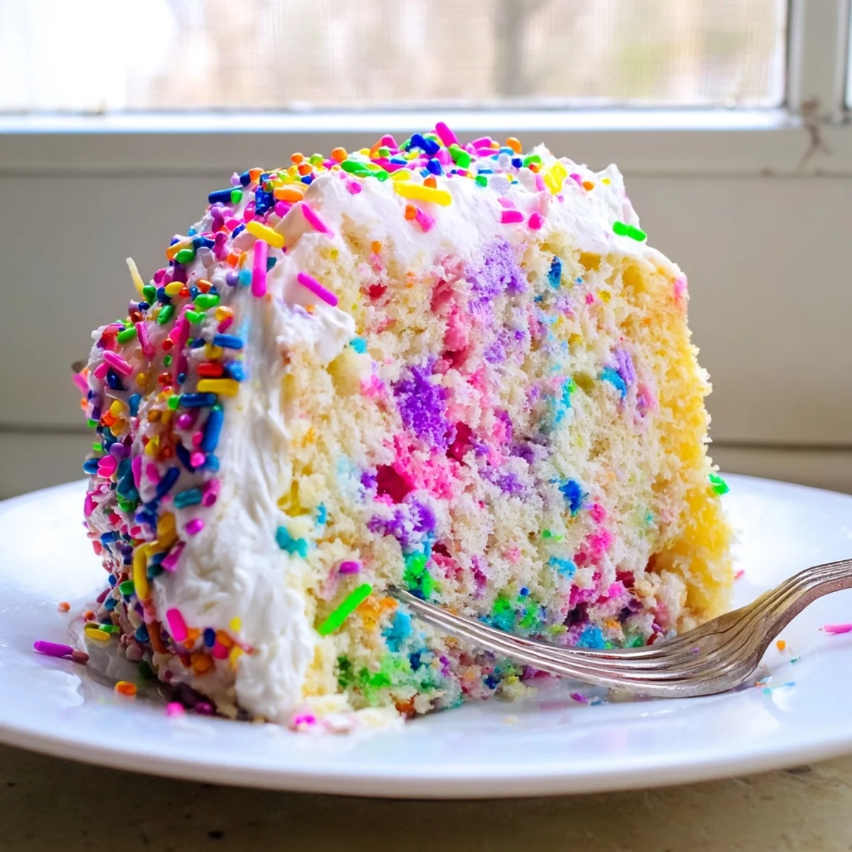 Colorful Unicorn Poke Cake sliced to reveal vibrant rainbow pudding stripes