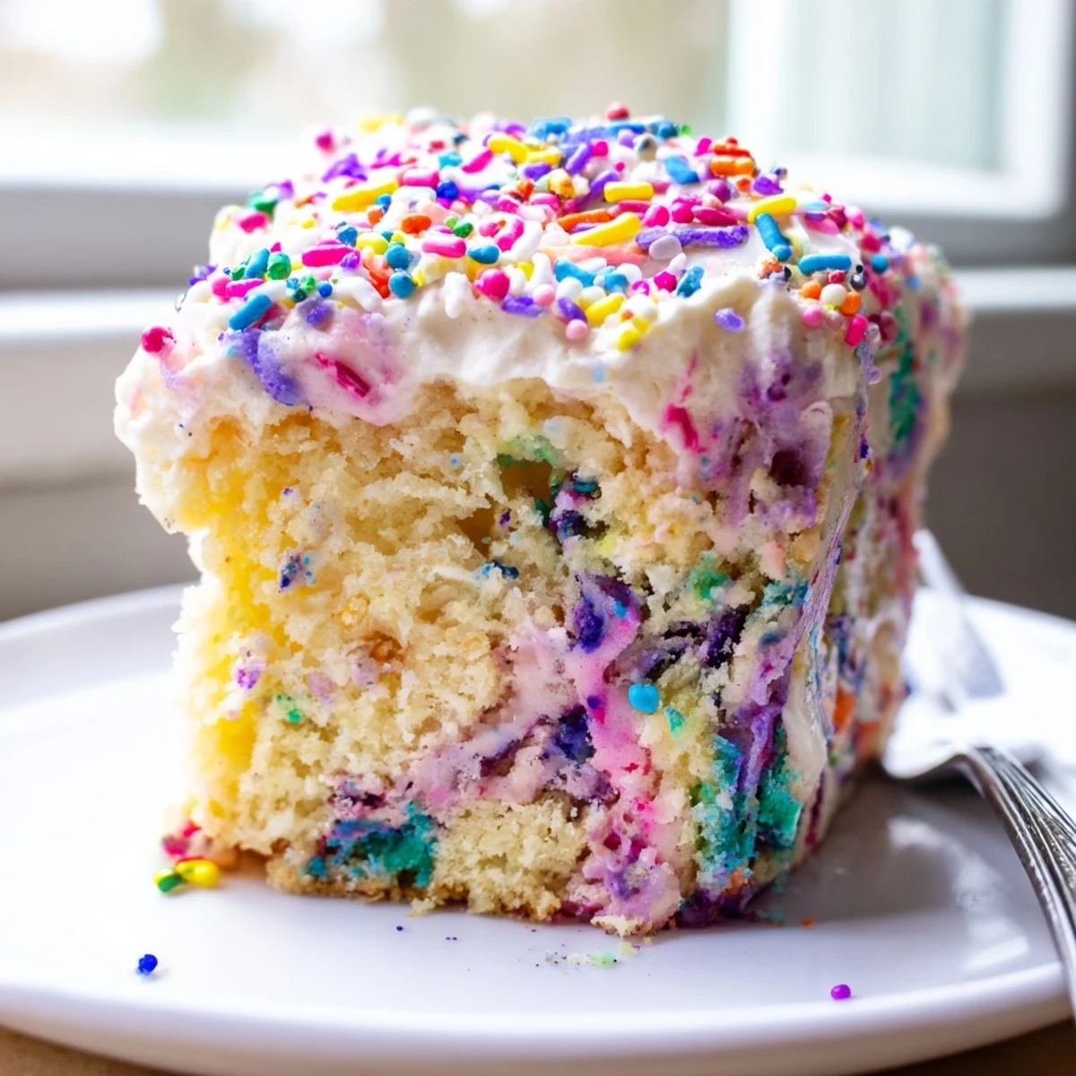 Festive Unicorn Poke Cake in a baking pan with swirled colors and confetti