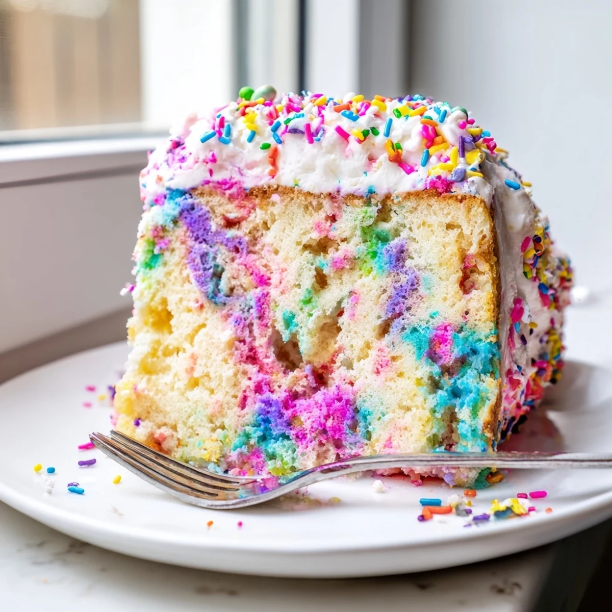 Unicorn Poke Cake topped with fluffy whipped frosting and bright sprinkles