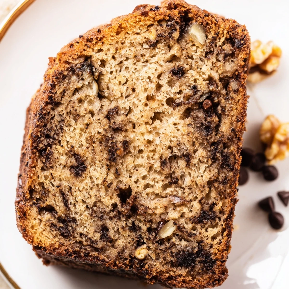 Golden slices of super moist banana bread served warm on a rustic cutting board