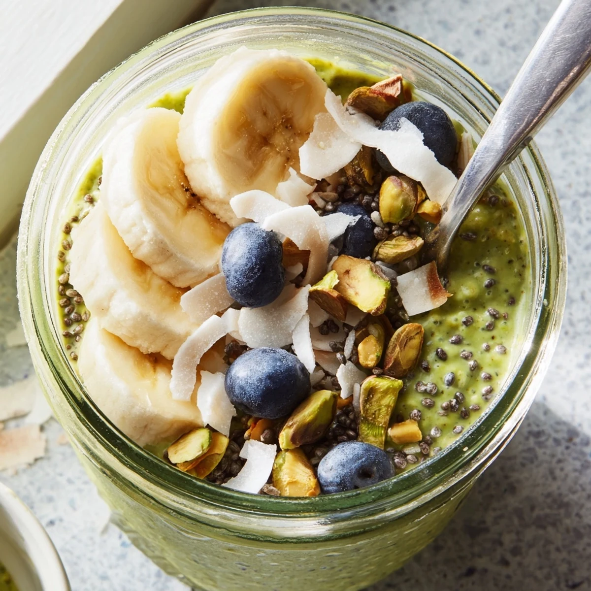 Creamy matcha overnight oats topped with fresh berries and sliced banana