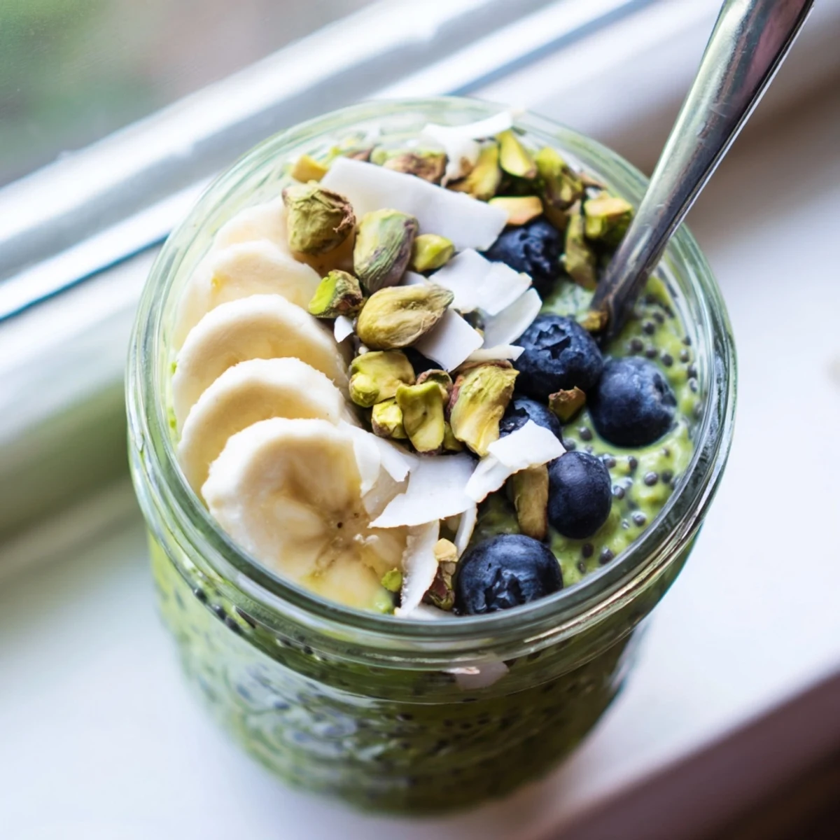 Vibrant green matcha overnight oats in a jar layered with coconut flakes